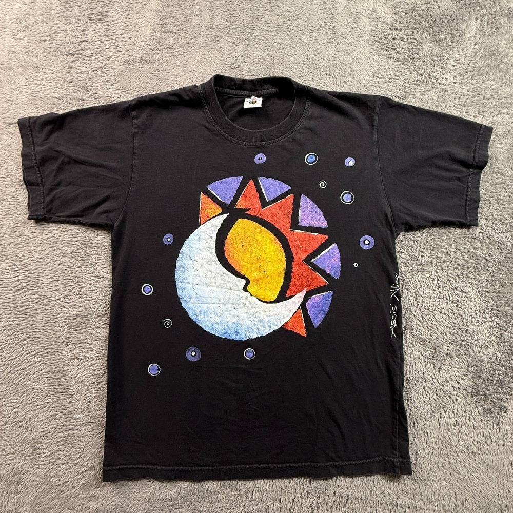 Vintage Italy Sun Moon Eclipse T-Shirt Sz M Peace Brand Hand-Painted Look Black